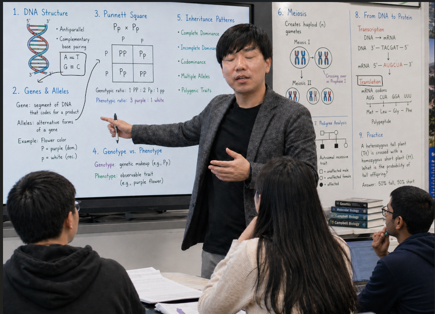 Teacher explaining genetics concepts including DNA structure, Punnett squares, and meiosis to engaged students