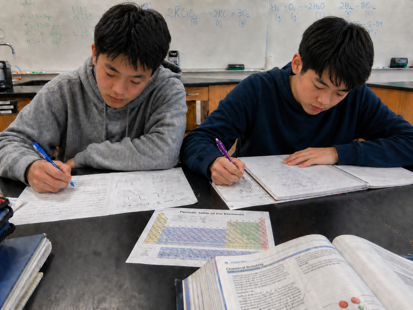 Two students intensely focused on chemistry work with periodic table and textbooks