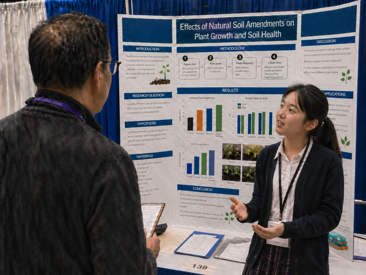 Student presenting research project at science fair competition